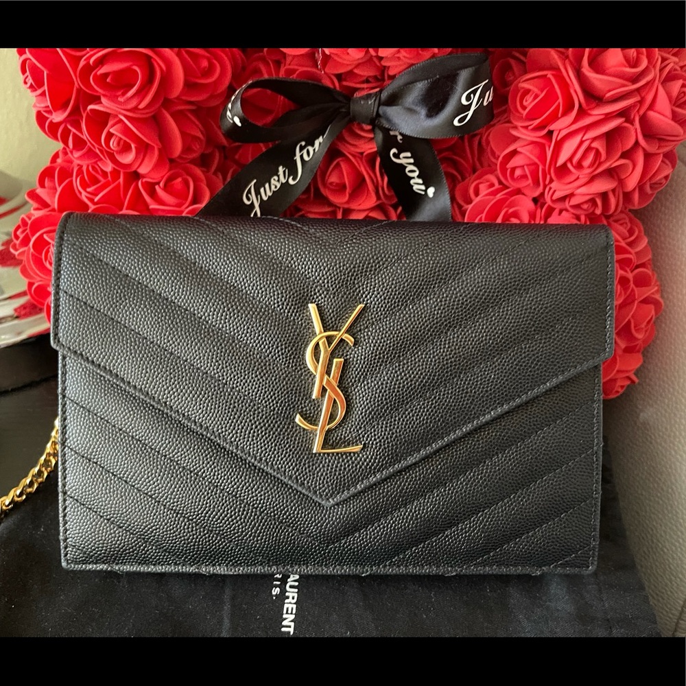 SAINT LAURENT Chevron Monogram Chain Wallet